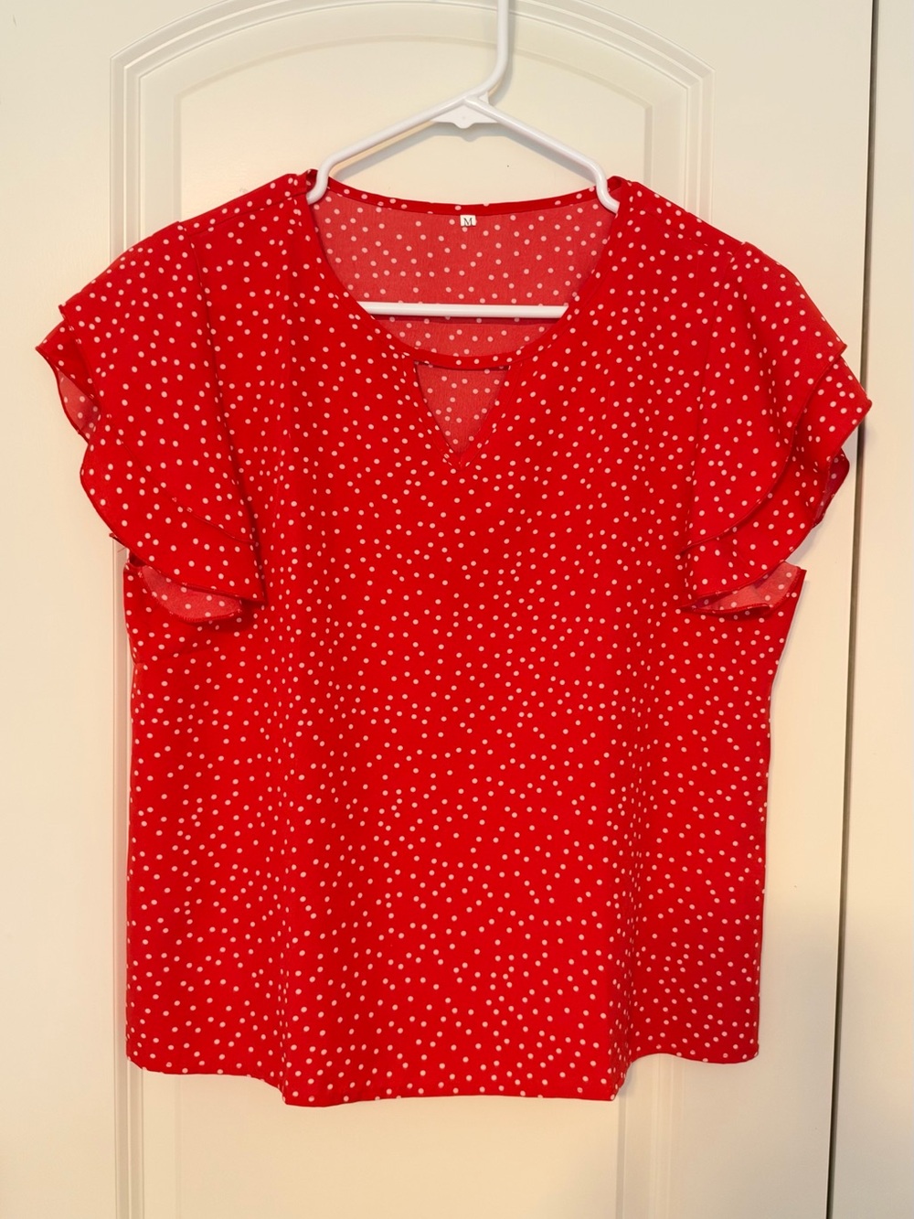 Red Polka Dot V-Neck Flutter Sleeve Women's Top